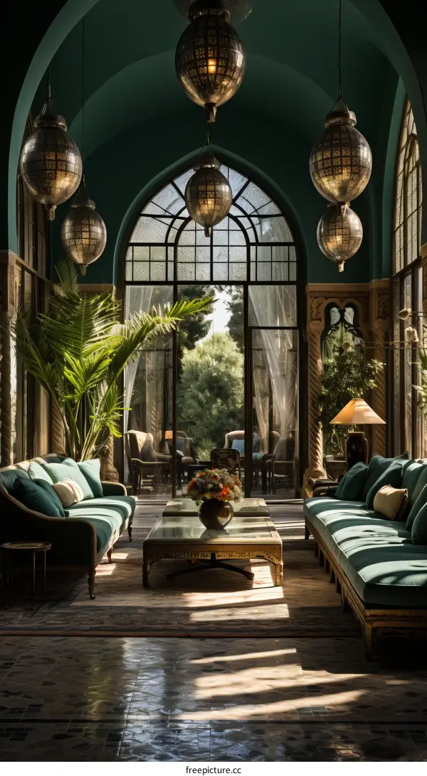 Elegant Living Room with Green Walls and Arched Windows