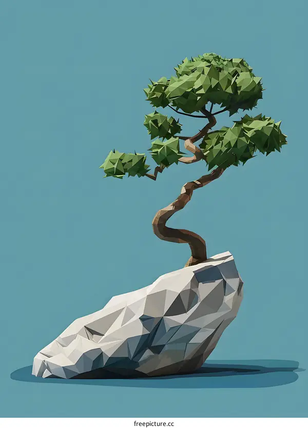 Low Poly Bonsai Tree on Rock Digital Art Illustration
