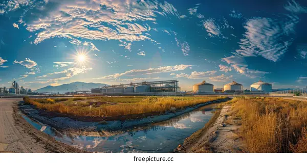 Industrial Complex at Sunset with River
