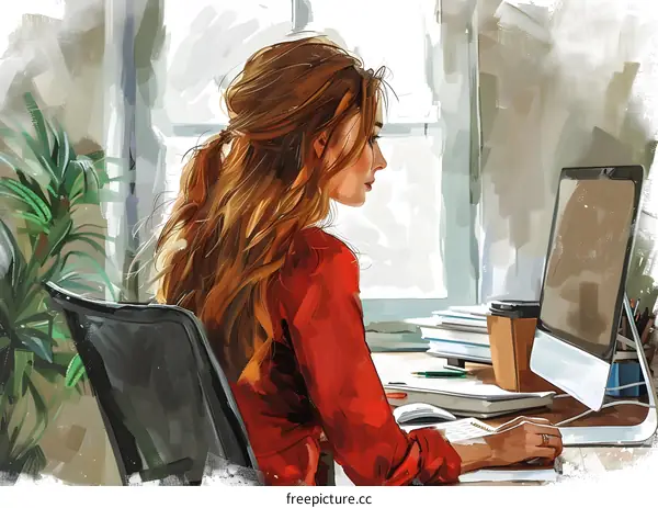 redhead woman working on computer