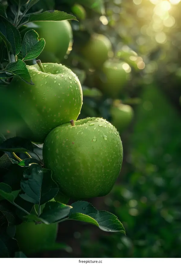 Scrumptious Granny Smith apples hanging on a tree branch