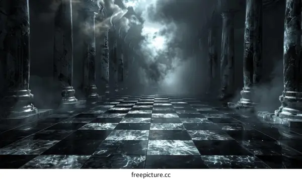 Gothic Chessboard Floor with Smoke and Columns