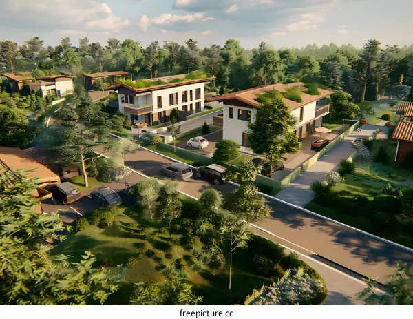 Modern Homes with Green Roofs and Lush Greenery