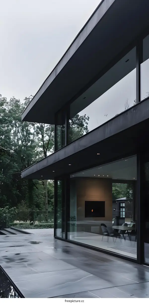 Modern Minimalist Black House with Glass Windows and Patio