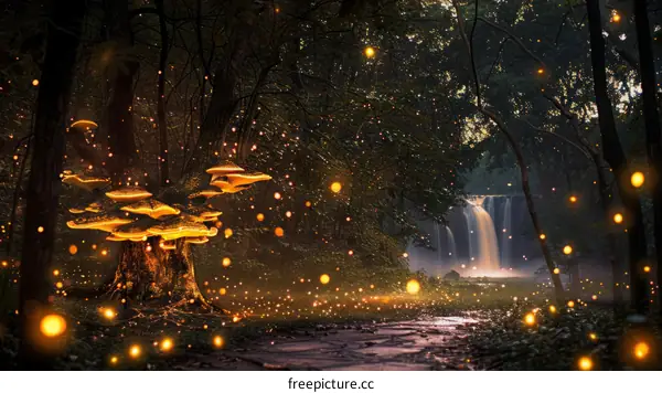 Glowing mushrooms in a magical forest with a waterfall