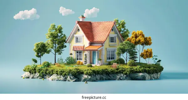 A cute cartoon house with a red roof and a yellow body