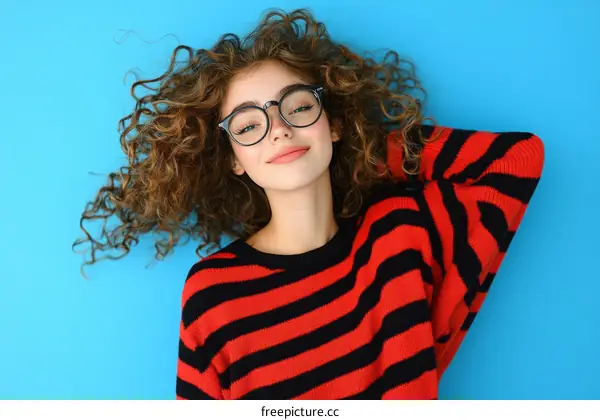 Young Woman Relaxing with Curly Hair and Glasses