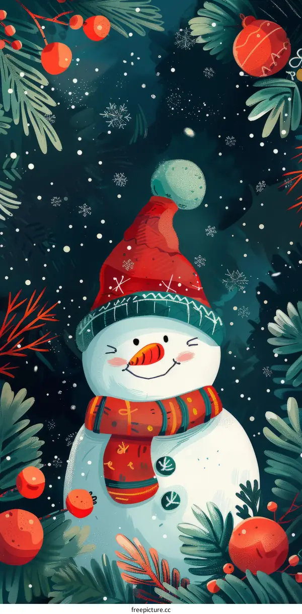 Snowy Christmas night with a snowman