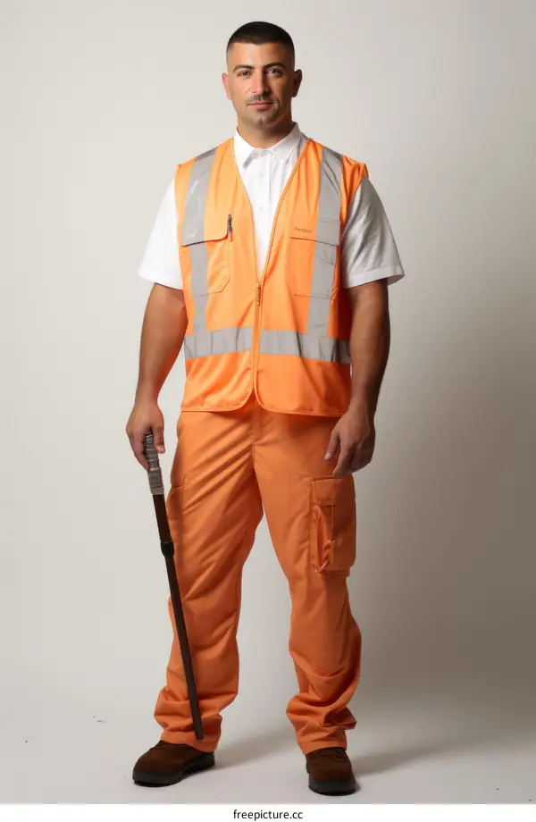 man in orange uniform holding a stick