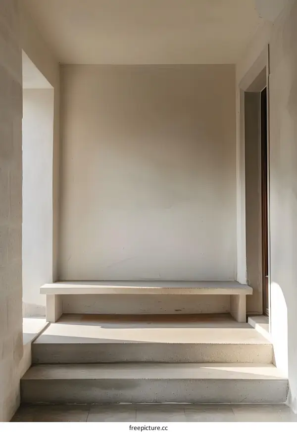 Minimalist Concrete Steps and Bench Under White Wall