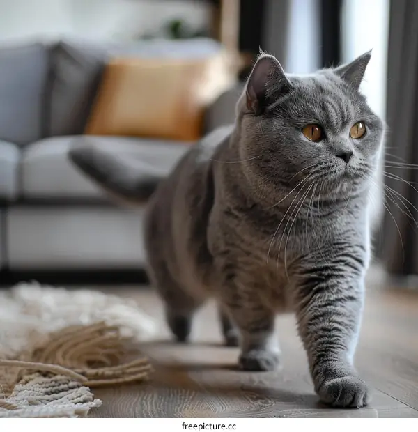 British shorthair cat walking on wooden floor