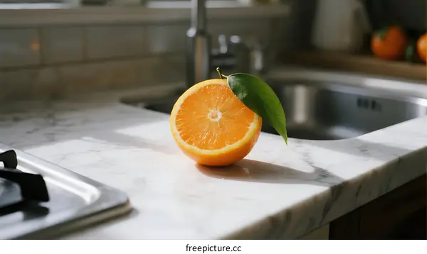 Fresh Orange Slice with Leaf on Kitchen Countertop