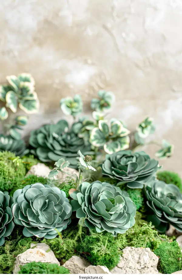 Green Succulents and Moss Close Up