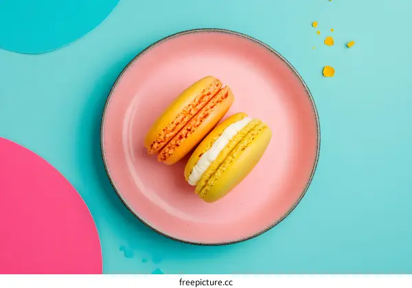 Yellow and Orange Macarons on Pink Plate