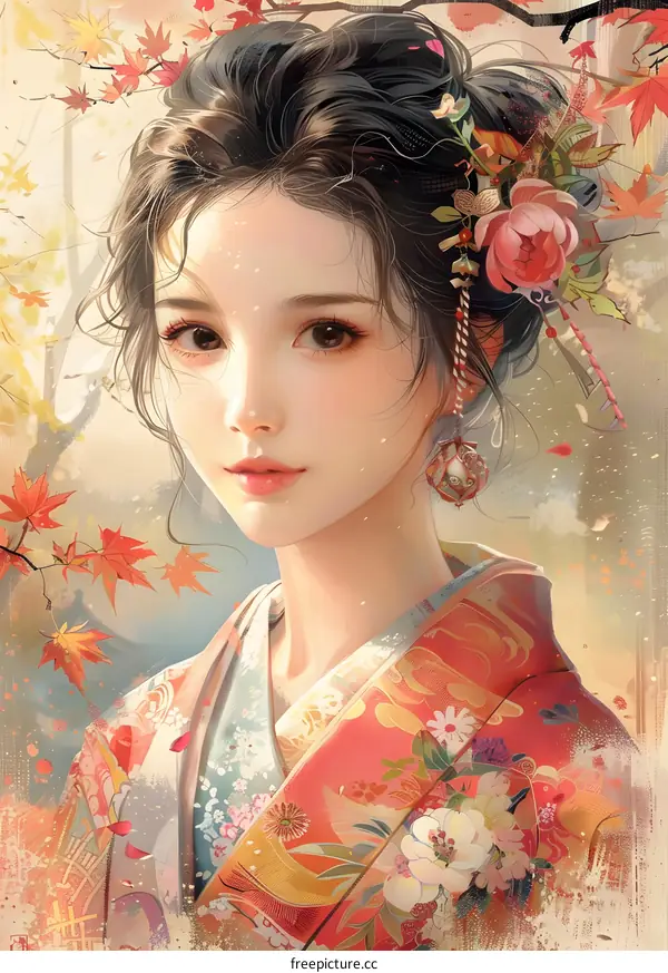 A beautiful Asian woman in a kimono with autumn leaves in the background