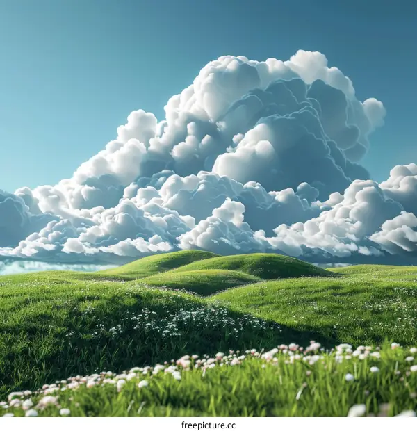 Fluffy white clouds over verdant hills under blue sky