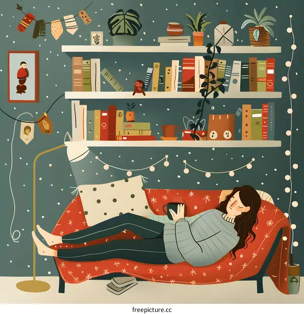 Cozy Winter Home Interior Illustration With Woman On Sofa