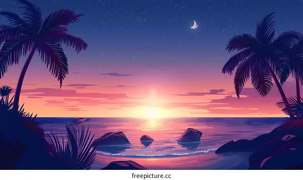 Silhouette of Palm Trees on the Beach at Sunset