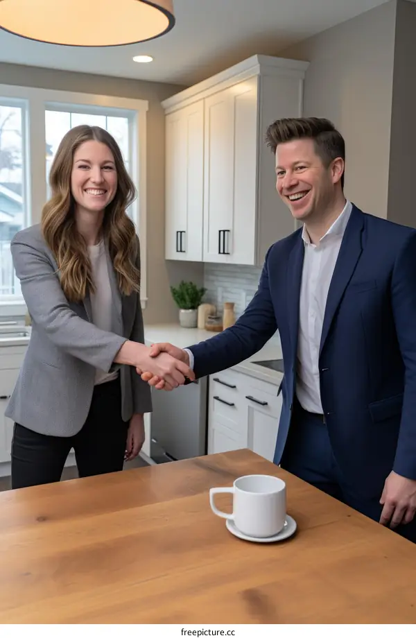 Business handshake between a man and a woman in a kitchen