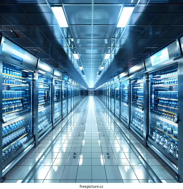 Futuristic Supermarket Aisle with Rows of Refrigerated Shelves