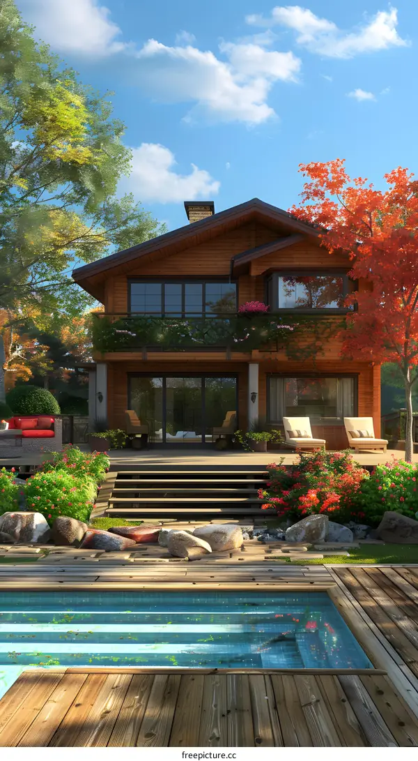 Modern Wooden House with Swimming Pool and Garden