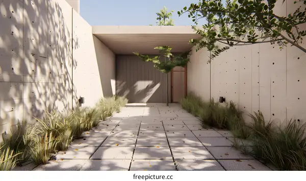 Modern Minimalist Concrete Courtyard with Grass and Trees