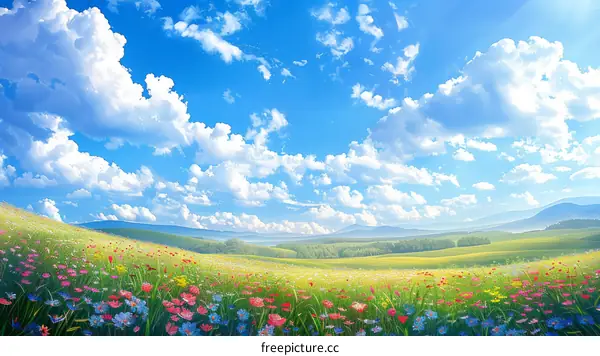 A picturesque landscape with a vibrant meadow and fluffy white clouds in the blue sky