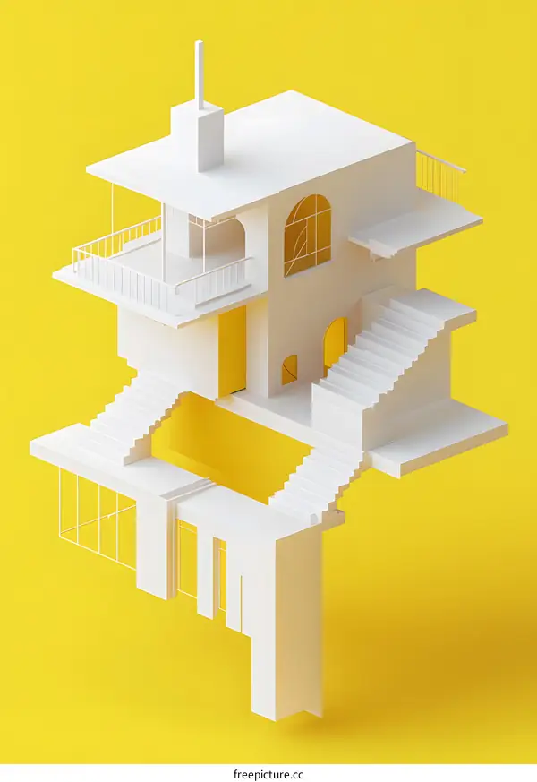 White 3D Illustration of a Modern House with Stairs