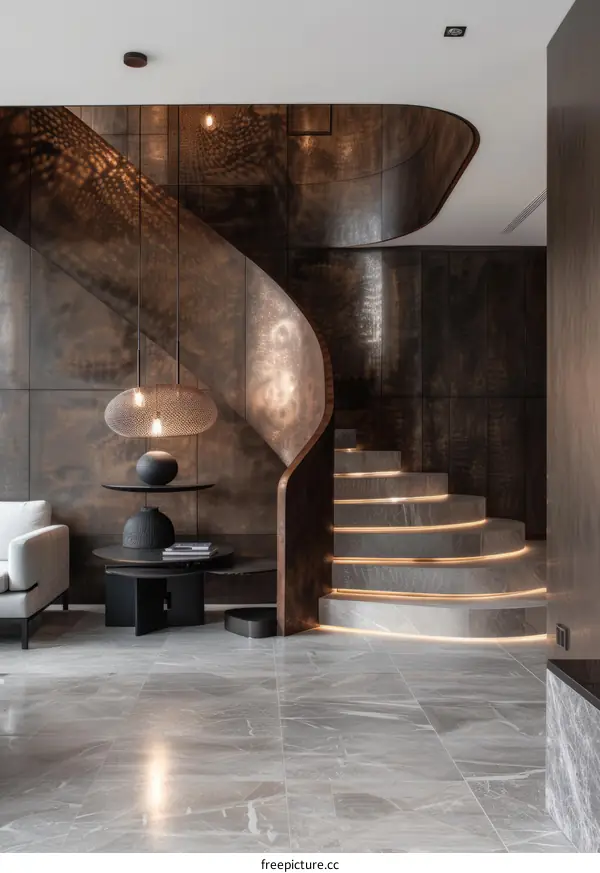 Bronze Staircase Design With Marble Steps
