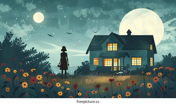 girl standing in a field of flowers looking at a house in the distance