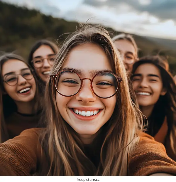 Group of Girls Smiling and Looking at the Camera in a Selfie