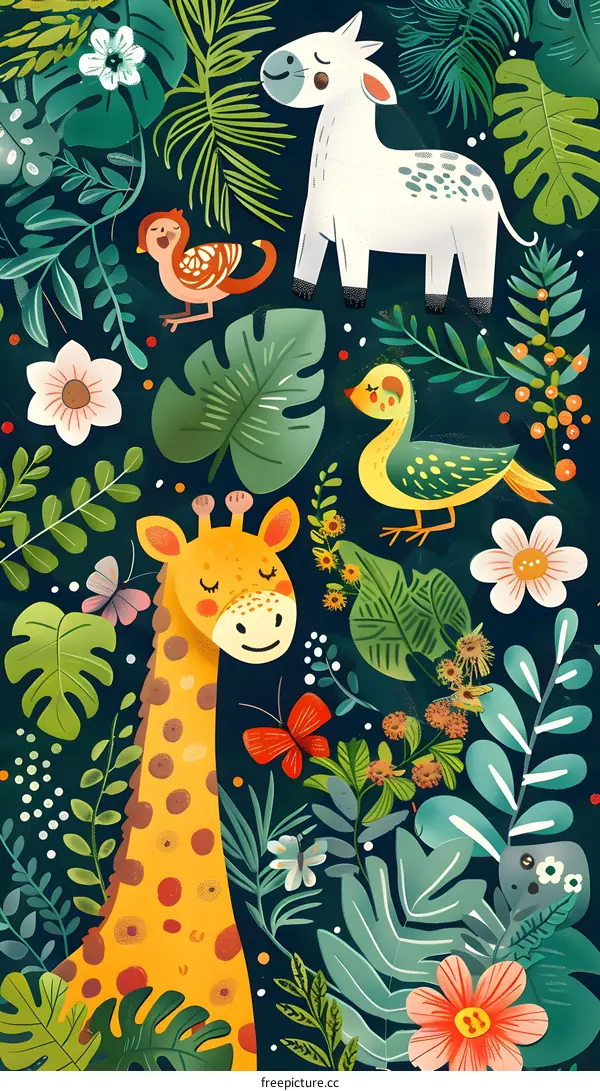 Cute Giraffe Cartoon Animal Illustration in the Jungle