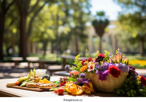 Romantic Picnic with Flowers and Food