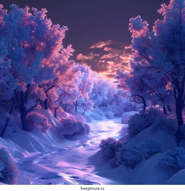 A Tranquil Winter Wonderland: Snow-Covered Trees and a Frozen River