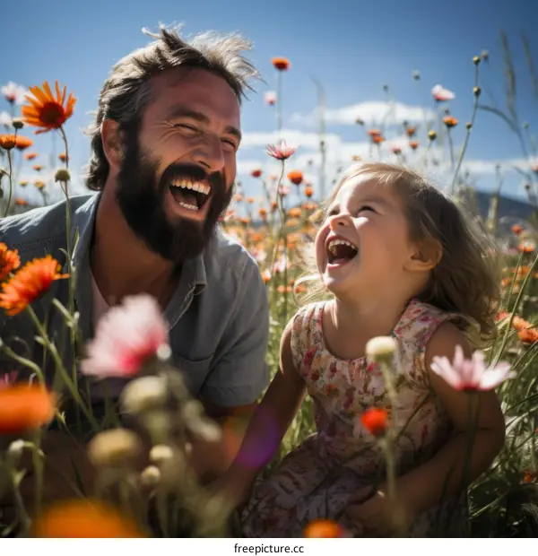 Father and daughter laughing in a field of flowers
