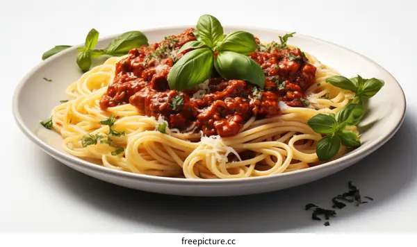 A plate of spaghetti with tomato sauce and basil