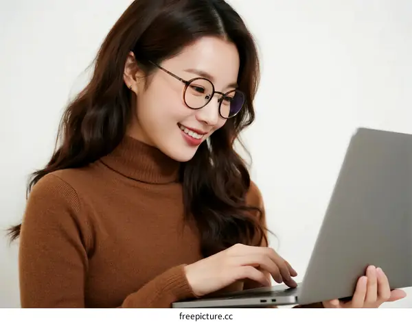 A woman wearing glasses is using a laptop