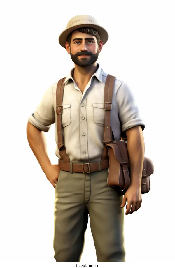 Explorer in Khaki Shirt with Brown Leather Satchel