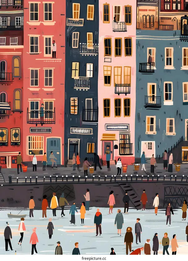 Colorful Buildings and People Walking in the City