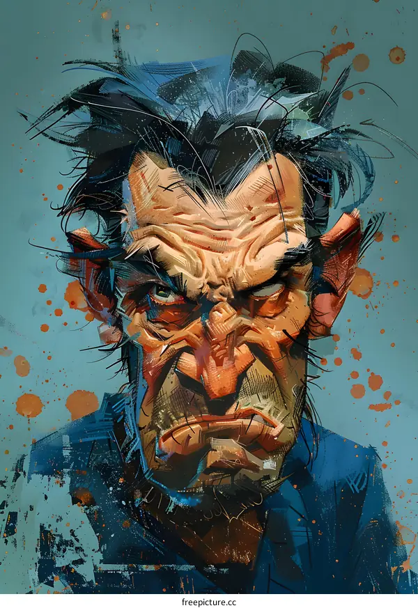 A digital painting of a mans face. The man has a beard and a mustache. He is wearing a blue shirt. The background is a light blue color.