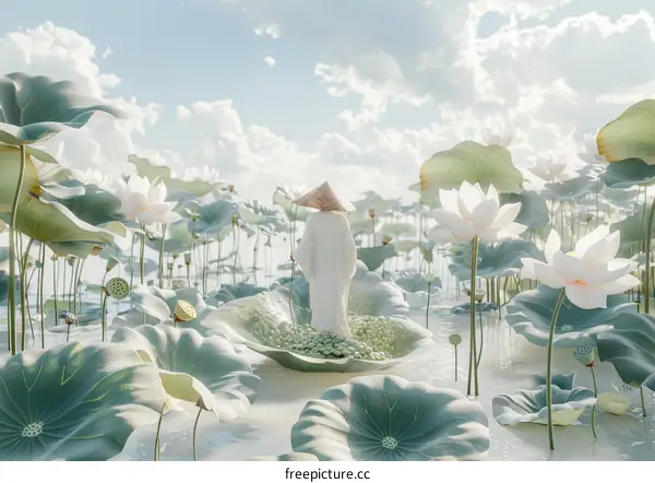 Serene Figure Amidst Lotus Pond