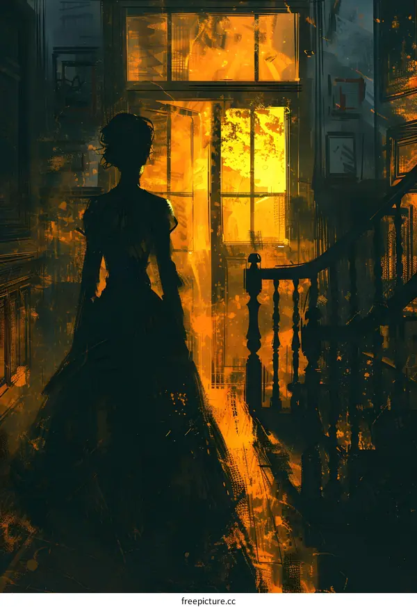 woman in historical dress walking towards light