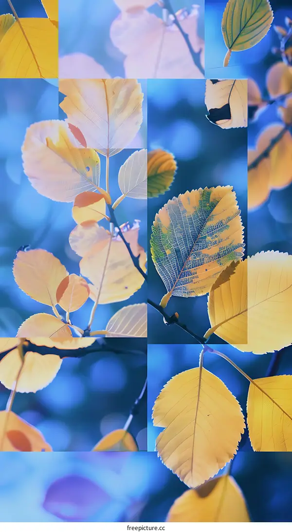 Collage of Yellow Autumn Leaves on Blue Background