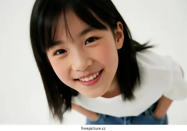 A young girl with black hair smiling brightly at the camera