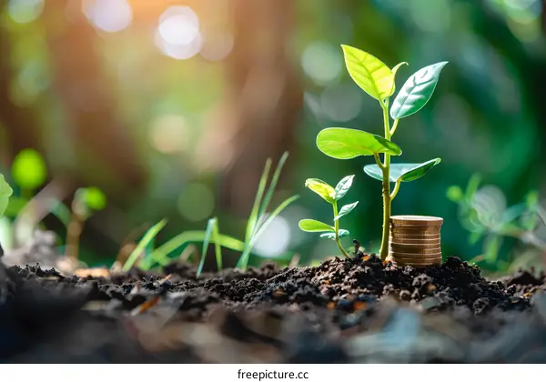 Green Plant Growing From Stack of Coins in Soil