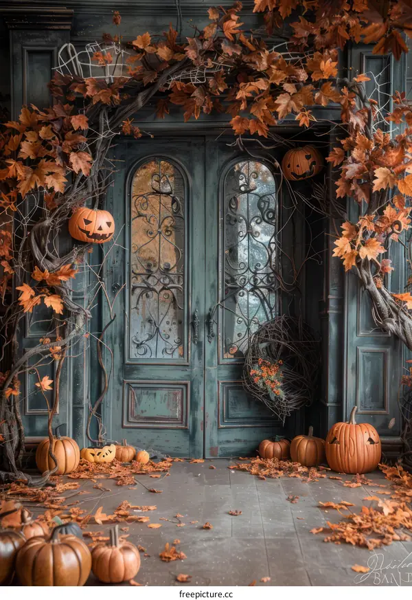 Spooky Halloween Door with Pumpkins and Fall Foliage