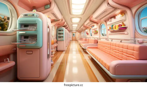 Retro Futuristic Train Interior with Pastel Colors