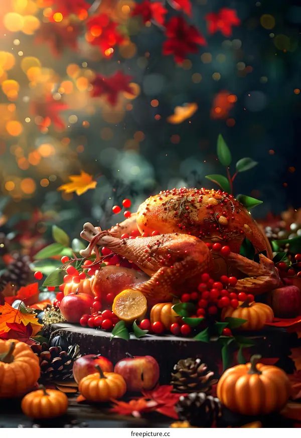 Thanksgiving dinner with roasted turkey, pumpkins, and autumn leaves