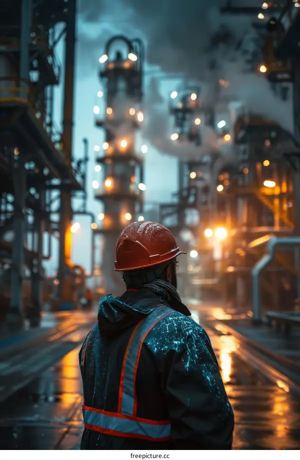 Oil Refinery Plant with a Worker wearing PPE in the rain
