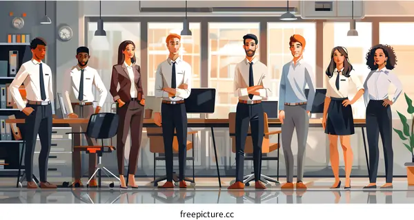 A group of people standing in an office